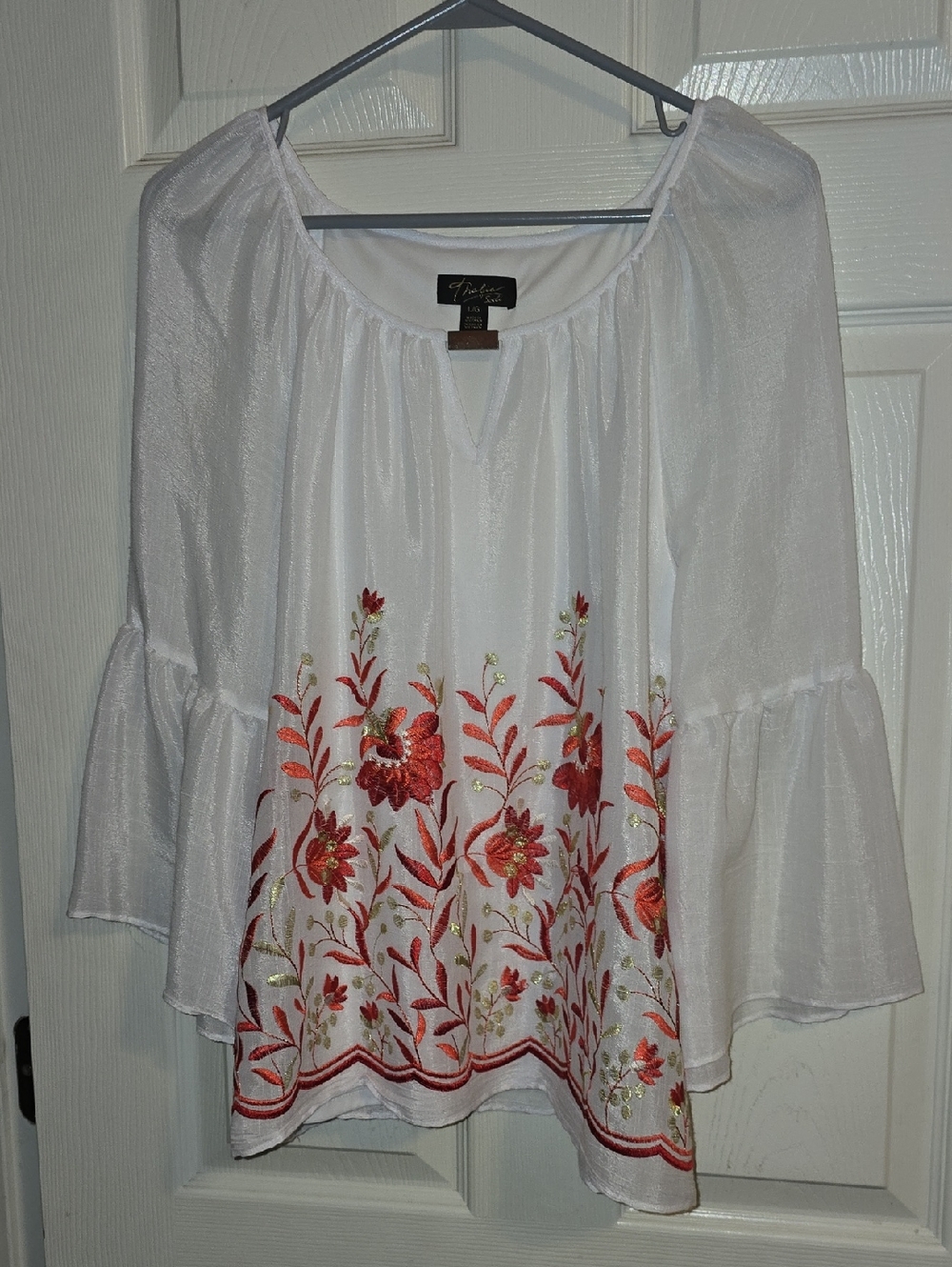 Thalia Sodi White Tunic with Coral and Gold Floral‎ Embroidery